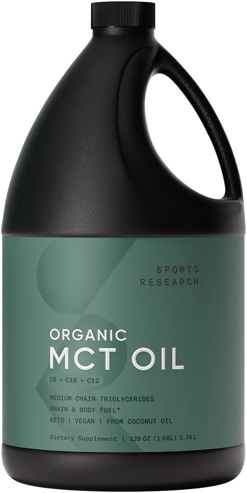Sports Research Keto MCT Oil from Organic Coconuts - Fatty Acid Fuel for Body + Brain - Single Ingredient C8 Caprylic Acid - Perfect in Coffee, Tea, & More - Non-GMO & Vegan - Unflavored (16 Oz)