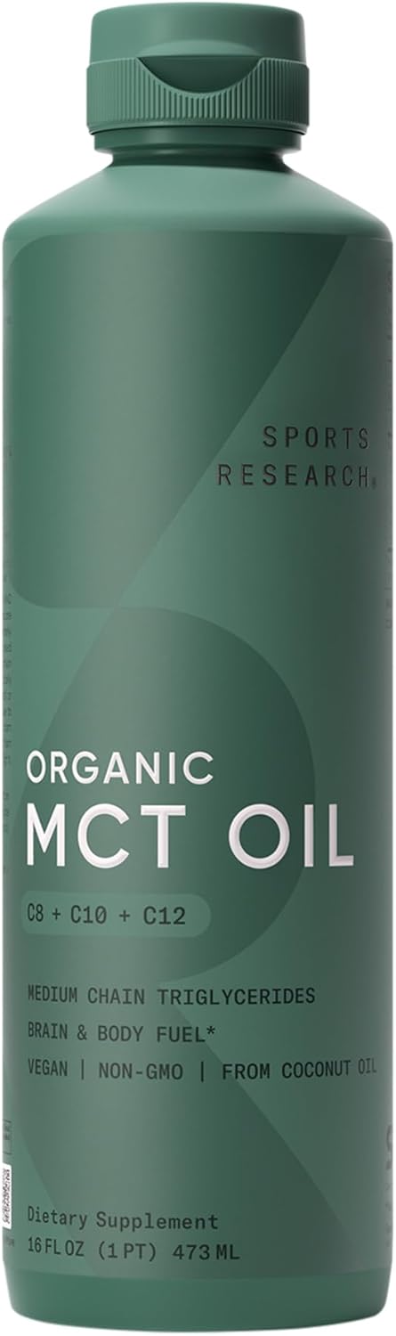 Sports Research Keto MCT Oil from Organic Coconuts - Fatty Acid Fuel for Body + Brain - Single Ingredient C8 Caprylic Acid - Perfect in Coffee, Tea, & More - Non-GMO & Vegan - Unflavored (16 Oz)