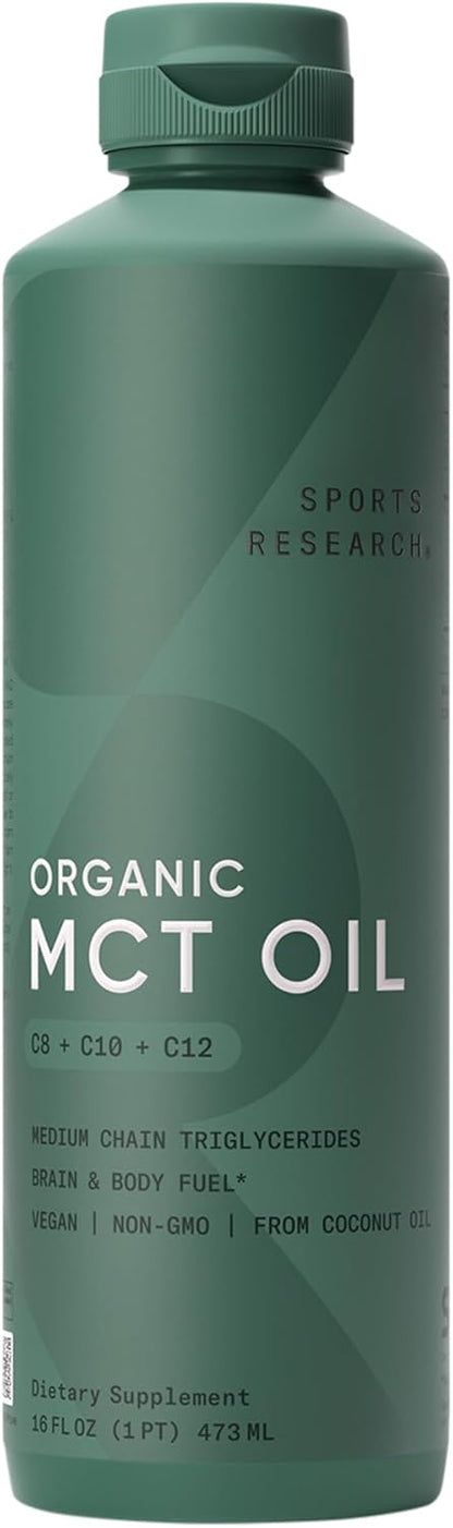Sports Research Keto MCT Oil from Organic Coconuts - Fatty Acid Fuel for Body + Brain - Single Ingredient C8 Caprylic Acid - Perfect in Coffee, Tea, & More - Non-GMO & Vegan - Unflavored (16 Oz)