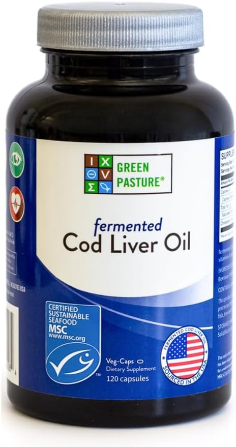 Green Pasture Fermented Cod Liver Oil Capsules - Wild Alaska Cod, Vitamins A & D, Omega-3, Non-Gelatin 120 Count