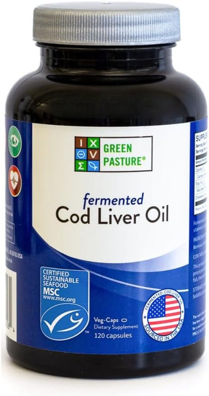Green Pasture Fermented Cod Liver Oil Capsules - Wild Alaska Cod, Vitamins A & D, Omega-3, Non-Gelatin 120 Count