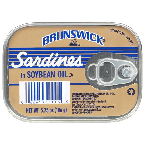 Brunswick Wild Caught Sardines in Soybean Oil, 3.75 oz Can (Pack of 12) - 14g Protein per Serving - Gluten Free, Keto Friendly, Kosher