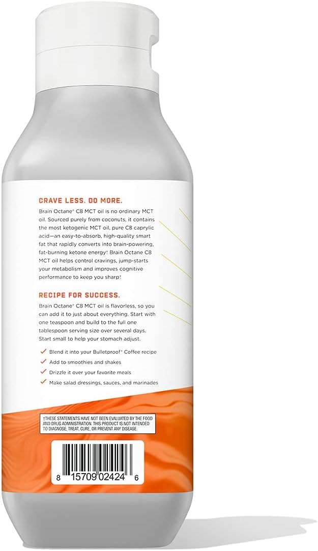 Bulletproof Coconut Brain Octane C8 MCT Oil, 16 Ounces, Premium Keto Supplement for Sustained Energy, Brain and Body Fuel, Unflavored, Add to Coffee and Smoothies, Packaging May Vary