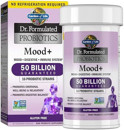 Garden of Life Probiotics Mood+ Dr Formulated Acidophilus Probiotic Supplement - Promotes Emotional Well-Being, Relaxation and Digestive Balance - Ashwagandha for Stress Management, 60 Veggie Caps