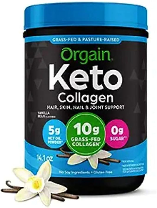 Orgain Keto Collagen Protein Powder, Vanilla - 10g Grass Fed Hydrolyzed Collagen Peptides for Women & Men, Type I & III, 5g MCT Oil - Hair, Skin, Nail, & Joint Support, Non-GMO, Gluten Free - 0.88lb