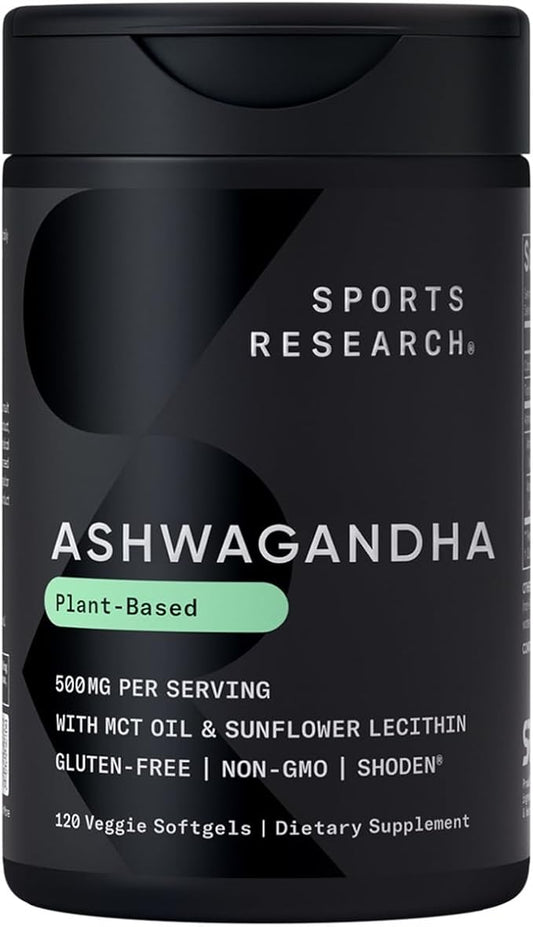 Sports Research® Ashwagandha Softgels with Coconut MCT Oil - Natural Ayurvedic Adaptogen Made with Shoden® Ashwa for Relaxation, Calm & Sleep Support - Gluten Free & Vegan Friendly - 120 Count