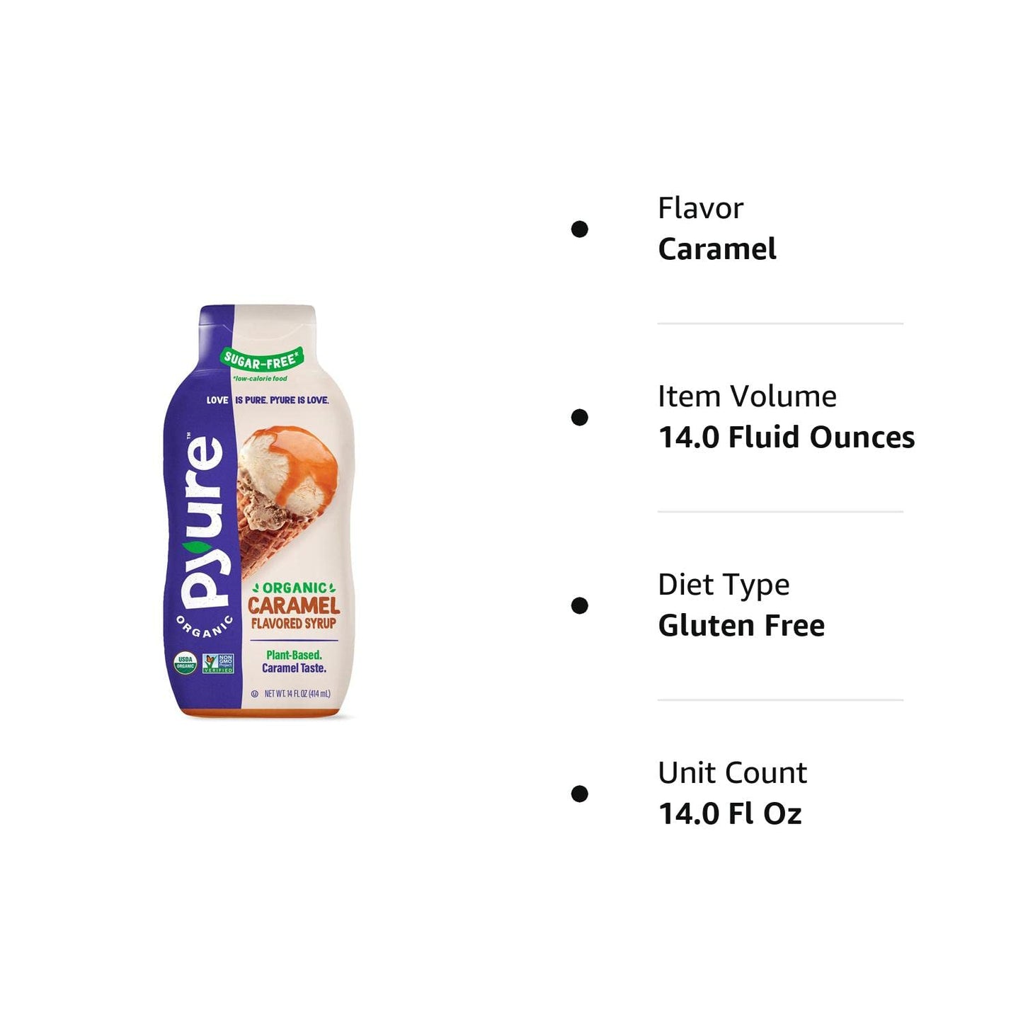 Pyure Organic Caramel Flavored Syrup, Zero Sugar, 1 Net Carb, Gluten-Free, Plant-Based for Vegan Keto Friendly Food, 14 Oz