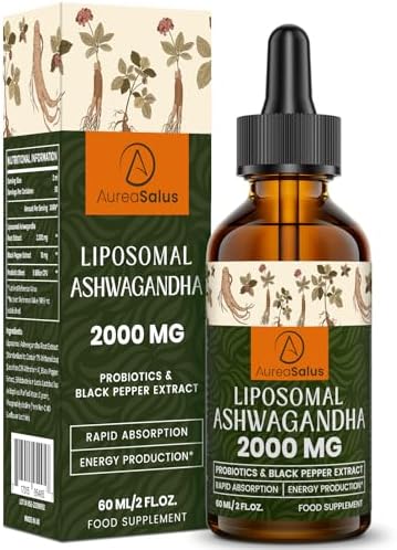 Liposomal Ashwagandha Drops 2000mg, Pure Natural Ashwagandha Extract, Enrich Probiotics & Black Pepper Extract, Stress Relieve Supplements, Increase Energy (60 ml (Pack of 1))