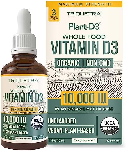 Organic Vitamin D3 10,000 IU - Plant D3, Vegan, Max Strength Sublingual Liquid D3 Drops - 200% Higher Absorption, 100% Plant-Based Cholecalciferol Form & Vegan D3, Adjustable Dosing (30 Servings)