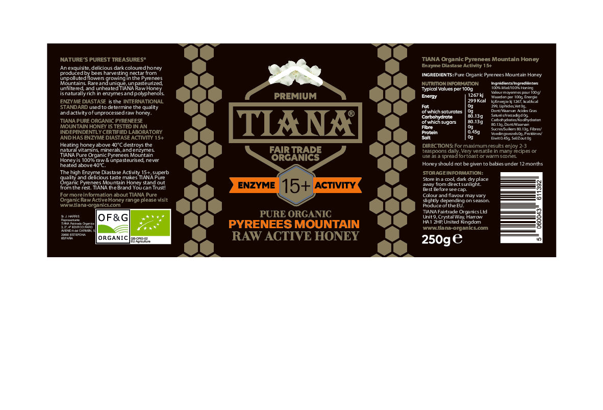 TIANA Fairtrade Organics Raw Active Pyrenees Mountain Honey 15+ 250g