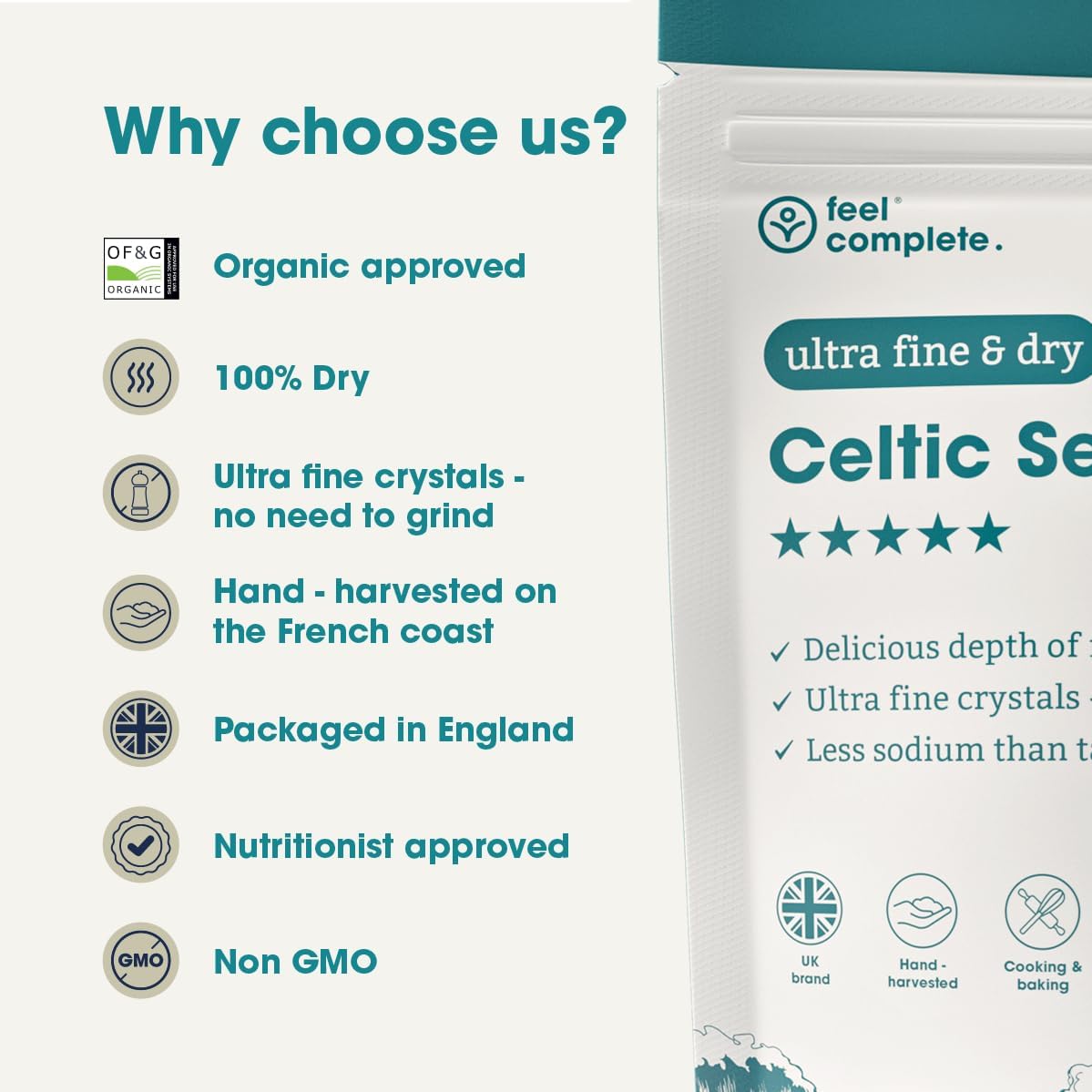 Feel Complete | 800g Ultra Fine & Dry Celtic Sea Salt Powder | No Need To Grind | Organic Approved | Essential Minerals & Electrolytes | Natural Alternative to Table Salt | Lab Tested