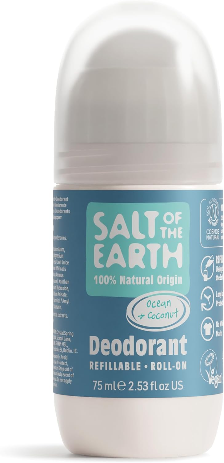 Salt Of the Earth Refillable Natural Deodorant Roll On Unscented - Effective Protection, 100% Natural, Eco friendly, Vegan, Suitable for Women, Men & Kids - 75ml