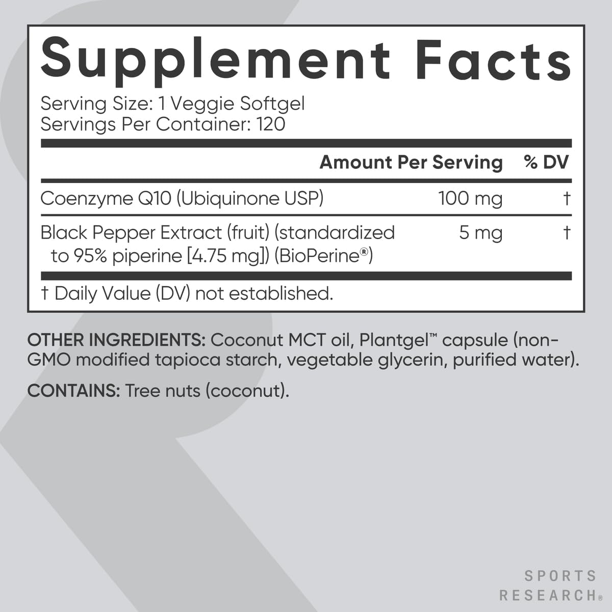 Sports Research CoQ10 (100mg) Enhanced w/Coconut Oil & Bioperine (Black Pepper) for Better Absorption | Vegan Certified, Non-GMO Verified (120 Veggie Softgels)