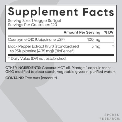 Sports Research CoQ10 (100mg) Enhanced w/Coconut Oil & Bioperine (Black Pepper) for Better Absorption | Vegan Certified, Non-GMO Verified (120 Veggie Softgels)