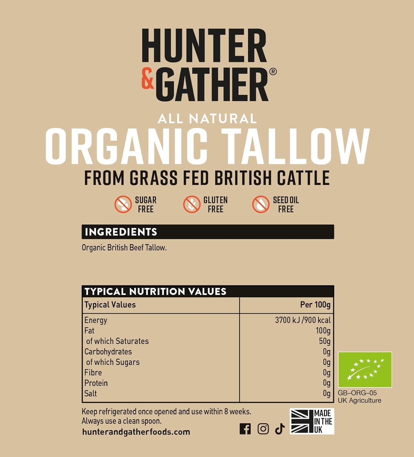 Hunter & Gather Organic Beef Tallow from Grass Fed British Cows 300g | Gluten Free, Seed Oil Free | Keto, Low Carb, Paleo I Ancestrally Inspired Nutrition I Simply 1 Ingredient I Glass Jar