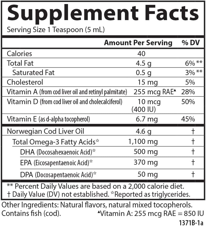 Carlson - Cod Liver Oil, 1100 mg Omega-3s, Plus Vitamins A and D3, Wild Caught Norwegian Arctic Cod Liver Oil, Sustainably Sourced Nordic Fish Oil Liquid, Unflavored, 250 mL (8.4 Fl Oz)