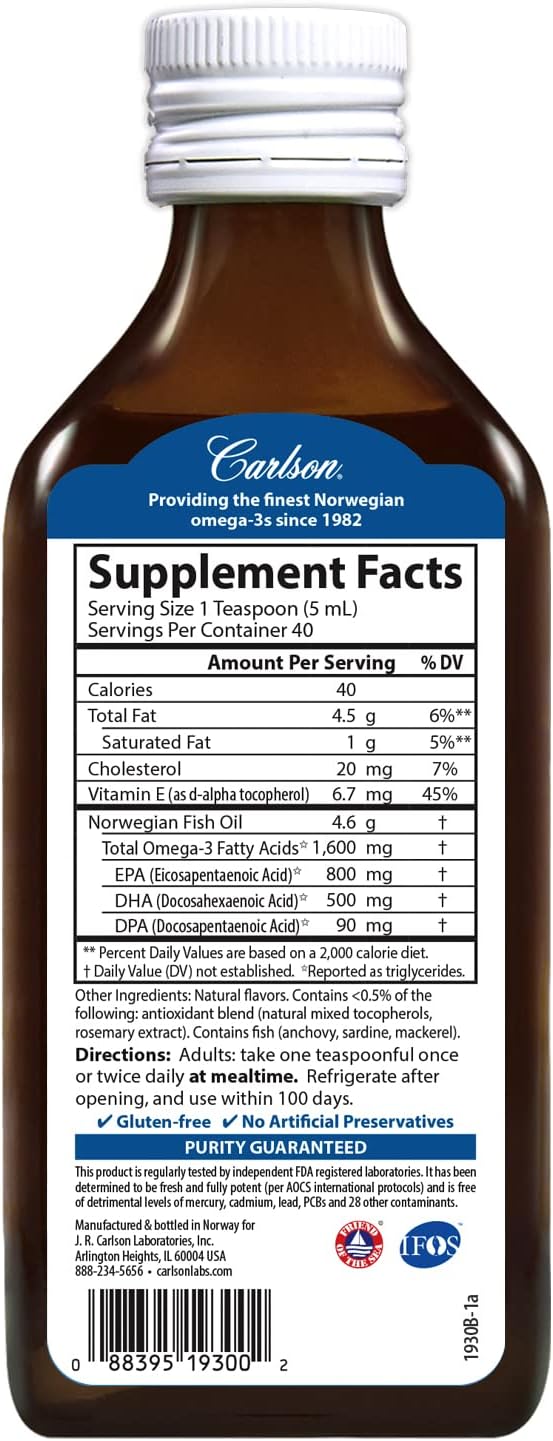 Carlson - Cod Liver Oil, 1100 mg Omega-3s, Plus Vitamins A and D3, Wild Caught Norwegian Arctic Cod Liver Oil, Sustainably Sourced Nordic Fish Oil Liquid, Unflavored, 250 mL (8.4 Fl Oz)