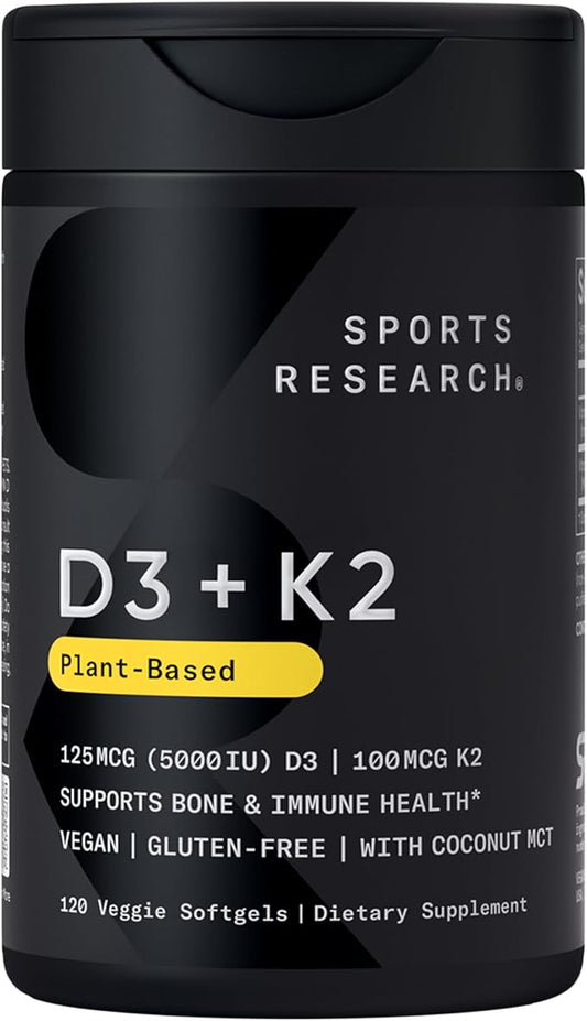 Sports Research Vitamin D3 with K2 Softgels - Plant Based K2 & Vegan D3 5000iu with Coconut MCT Oil - Vegan Certified, Soy & Gluten Free - 120 Count