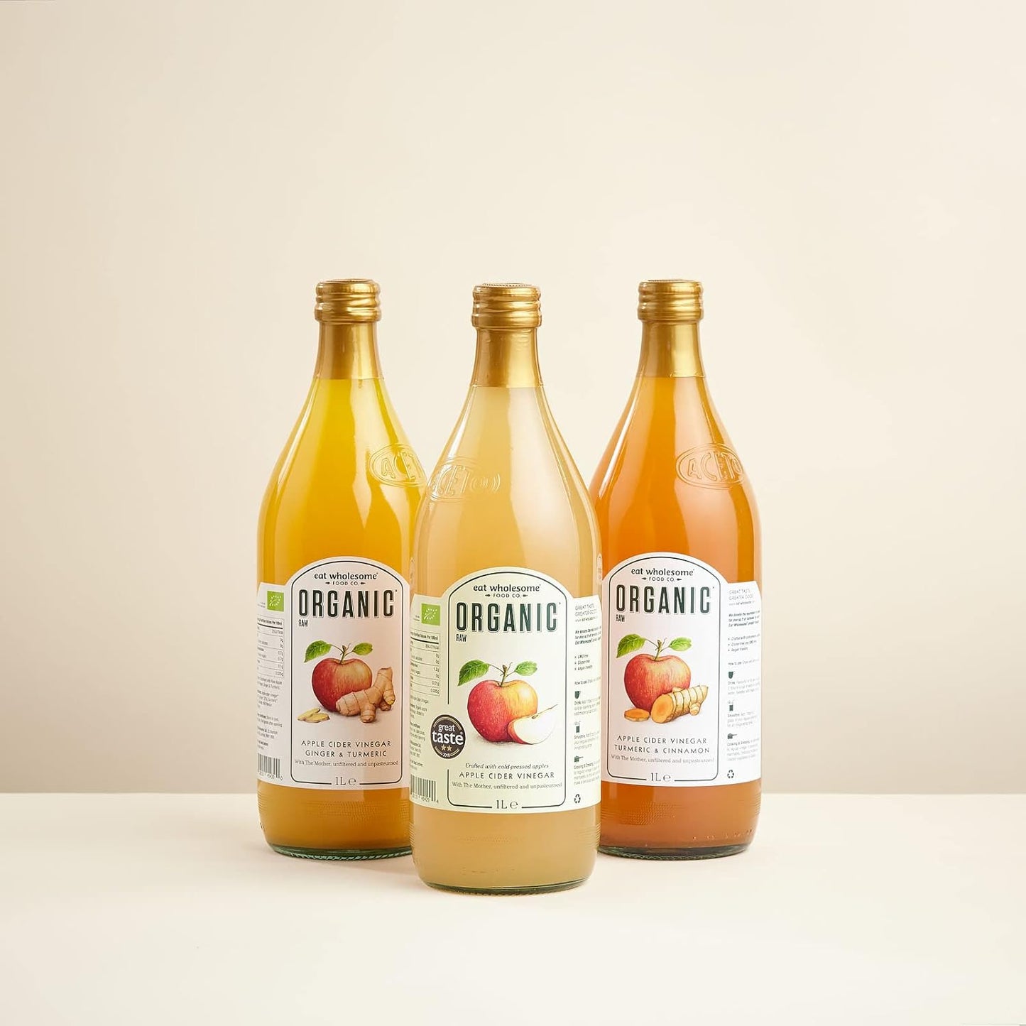 Eat Wholesome Organic Ginger, Turmeric and Chilli Raw Apple Fire Cider Vinegar with The Mother, Glass Bottle in Box, 1L