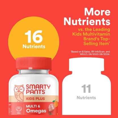 SmartyPants Kids Multivitamin Gummies: Omega 3 Fish Oil (EPA/DHA), Vitamin D3, C, Vitamin B12, B6, A, K & Zinc for Immune Support, Biotin, Gluten Free, Three Fruit Flavors, 120 Count (30 Day Supply)