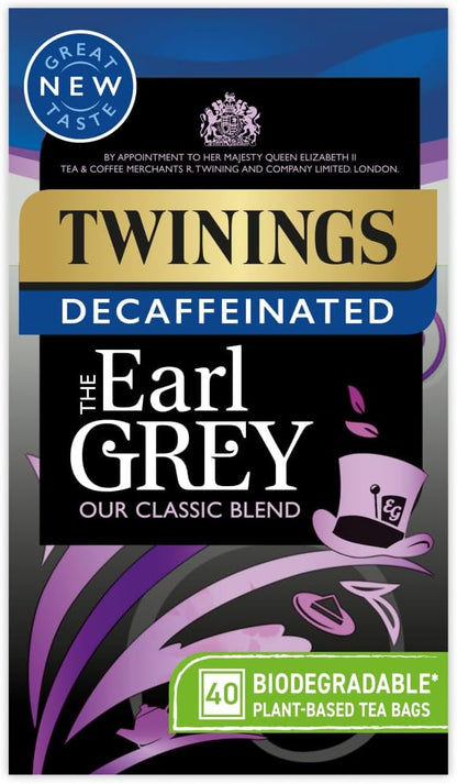 Twinings Earl Grey Bergamot & Lemon Flavoured Decaffeinated Black Tea Blend, 40 Biodegradable Tea Bags