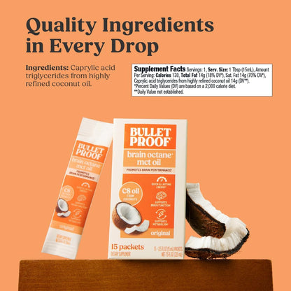 Bulletproof Coconut Brain Octane C8 MCT Oil, 16 Ounces, Premium Keto Supplement for Sustained Energy, Brain and Body Fuel, Unflavored, Add to Coffee and Smoothies, Packaging May Vary