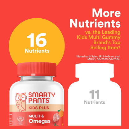 SmartyPants Kids Multivitamin Gummies: Omega 3 Fish Oil (EPA/DHA), Vitamin D3, C, Vitamin B12, B6, A, K & Zinc for Immune Support, Biotin, Gluten Free, Three Fruit Flavors, 120 Count (30 Day Supply)