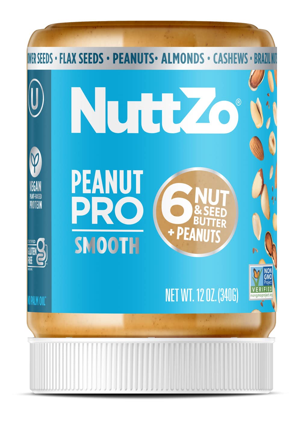 Peanut Pro Nut Butter by NuttZo | 7 Nuts & Seeds Blend, Gluten-Free, Vegan, Kosher | 2g Sugar, 7g Protein | 12oz Jar