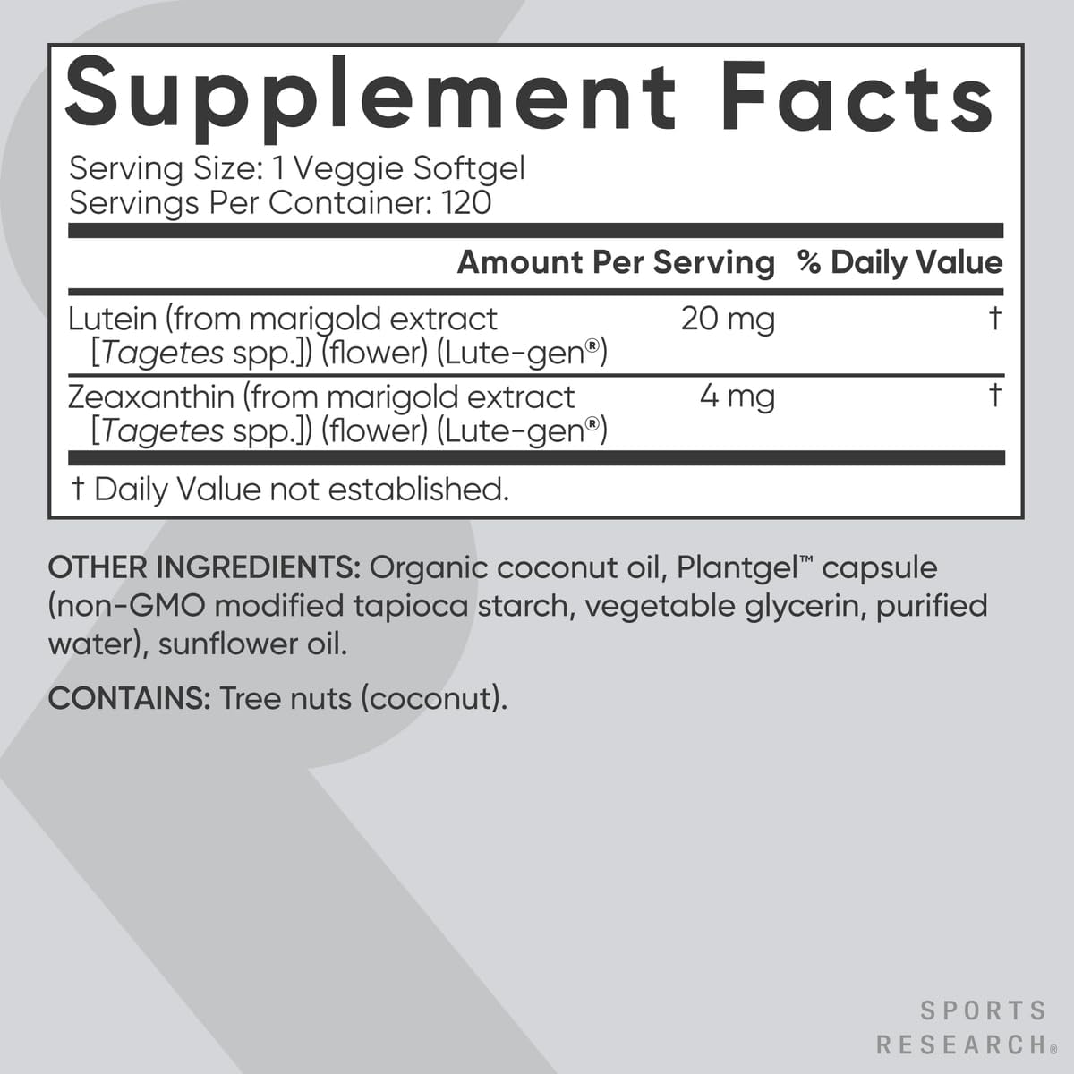 Sports Research® Lutein and Zeaxanthin Capsules - Eye Health Support Supplement Made with Lute-Gen® and Organic Coconut Oil - Vegan Friendly & Non-GMO Verified - 120 Veggie Softgels