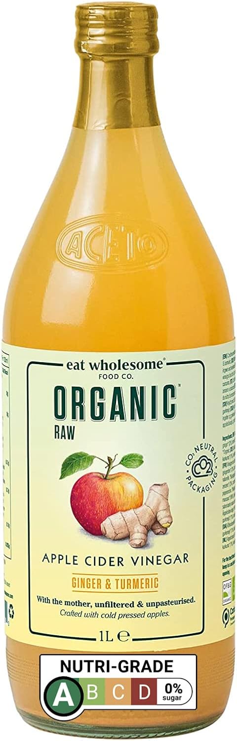 Eat Wholesome Organic Ginger, Turmeric and Chilli Raw Apple Fire Cider Vinegar with The Mother, Glass Bottle in Box, 1L