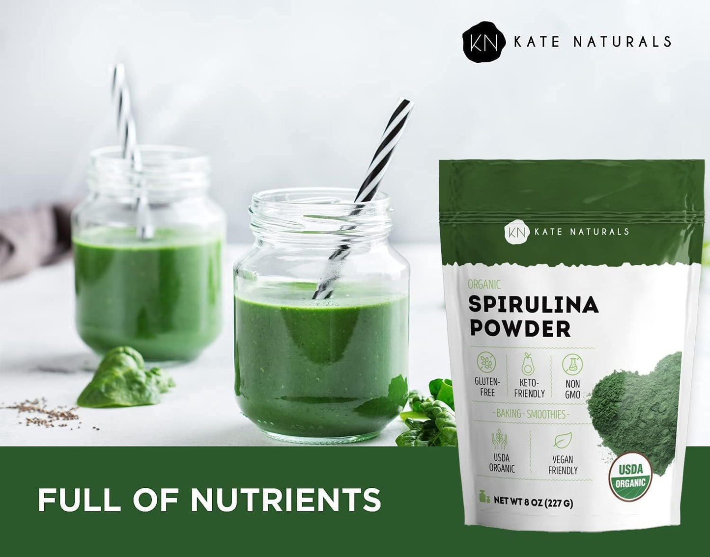 Kate Naturals Organic Spirulina Powder for Immune Support and Antioxidants. Nutrient Dense Superfood Supplement (8 oz, USDA Certified, Non-GMO, Gluten- Free)