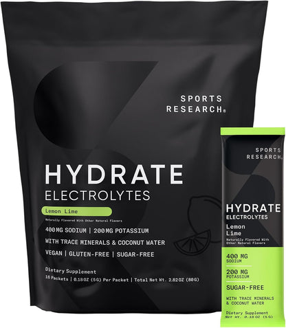 Sports Research® Hydrate Electrolytes Powder Packets - Sugar-Free & Naturally Flavored with Vitamins, Minerals, and Coconut Water - Supports Hydration - 16 Packets - Variety Pack | Sugar-Free