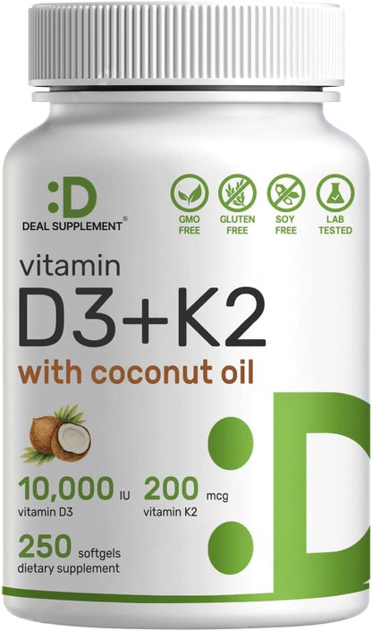 DEAL SUPPLEMENT Vitamin D3 10,000 IU + K2 MK7 200mcg Softgels, 250 Count | 2-in-1 Complex with Virgin Coconut Oil | Supports Heart, Bone, Teeth & Immune Health | Easy to Swallow