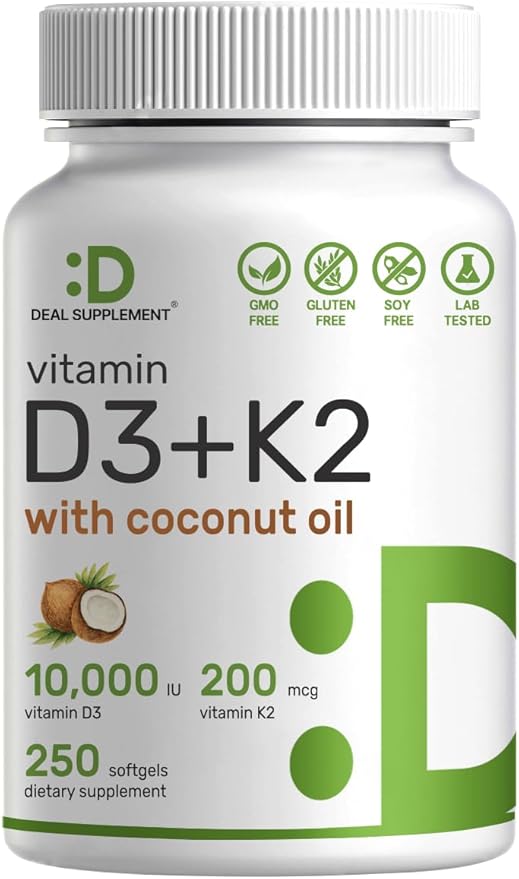 DEAL SUPPLEMENT Vitamin D3 10,000 IU + K2 MK7 200mcg Softgels, 250 Count | 2-in-1 Complex with Virgin Coconut Oil | Supports Heart, Bone, Teeth & Immune Health | Easy to Swallow