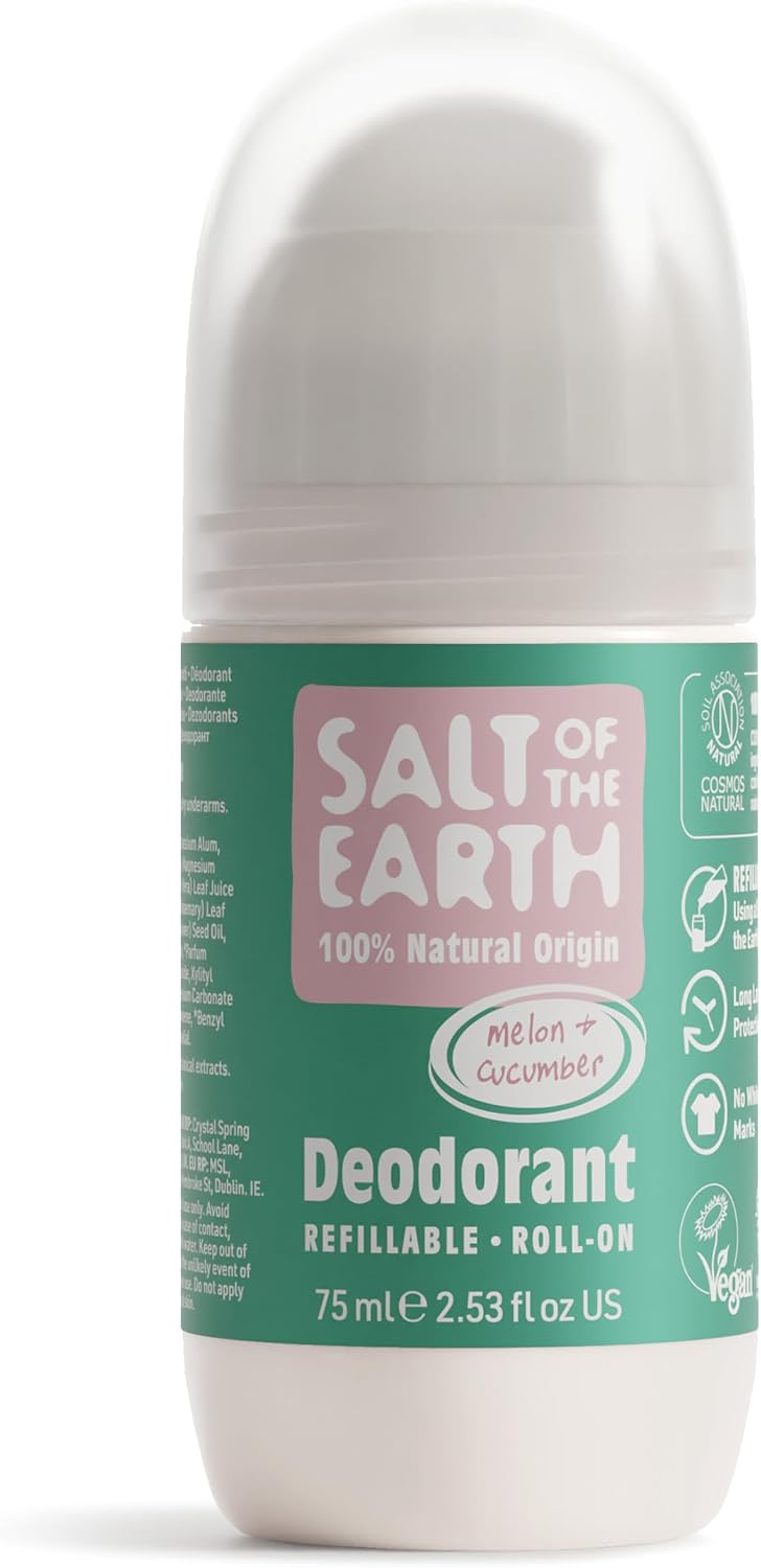 Salt Of the Earth Refillable Natural Deodorant Roll On Unscented - Effective Protection, 100% Natural, Eco friendly, Vegan, Suitable for Women, Men & Kids - 75ml