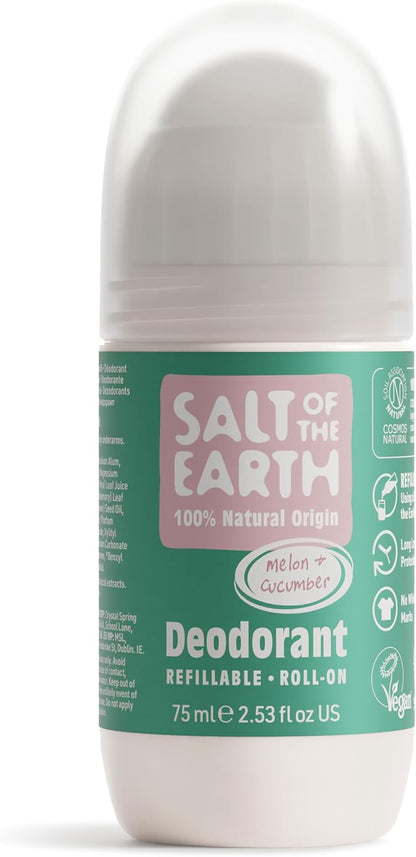 Salt Of the Earth Refillable Natural Deodorant Roll On Unscented - Effective Protection, 100% Natural, Eco friendly, Vegan, Suitable for Women, Men & Kids - 75ml
