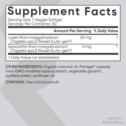 Sports Research® Lutein and Zeaxanthin Capsules - Eye Health Support Supplement Made with Lute-Gen® and Organic Coconut Oil - Vegan Friendly & Non-GMO Verified - 120 Veggie Softgels