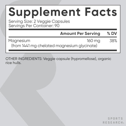 Sports Research® Magnesium Glycinate - Supports Restful Sleep & Enzymatic Processes - 160 mg Chelated Magnesium - Vegan Capsule - 90 Count