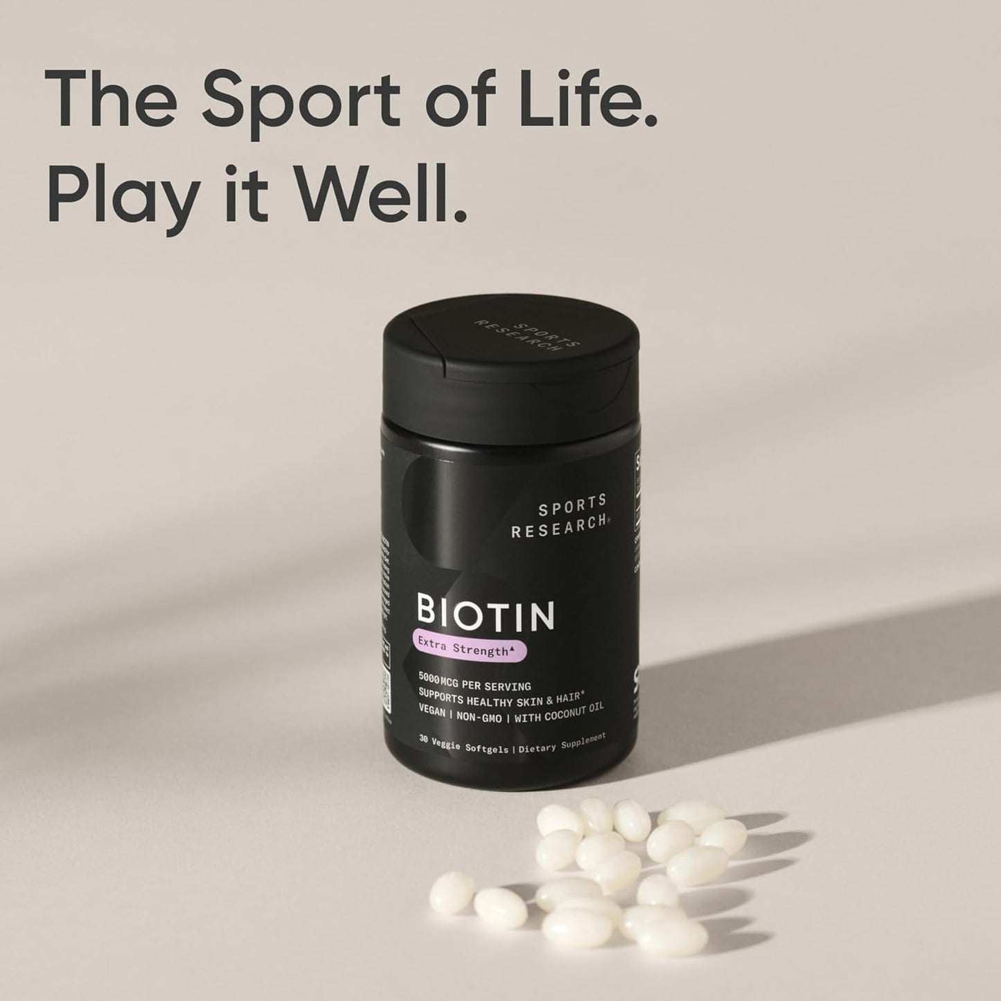 Sports Research® Biotin 5,000mcg with Organic Coconut Oil - Biotin (Vitamin B7) for Healthy Skin and Hair Support* - for Women and Men - Vegan, Non-GMO, Gluten & Soy-Free - 30 Veggie Softgels