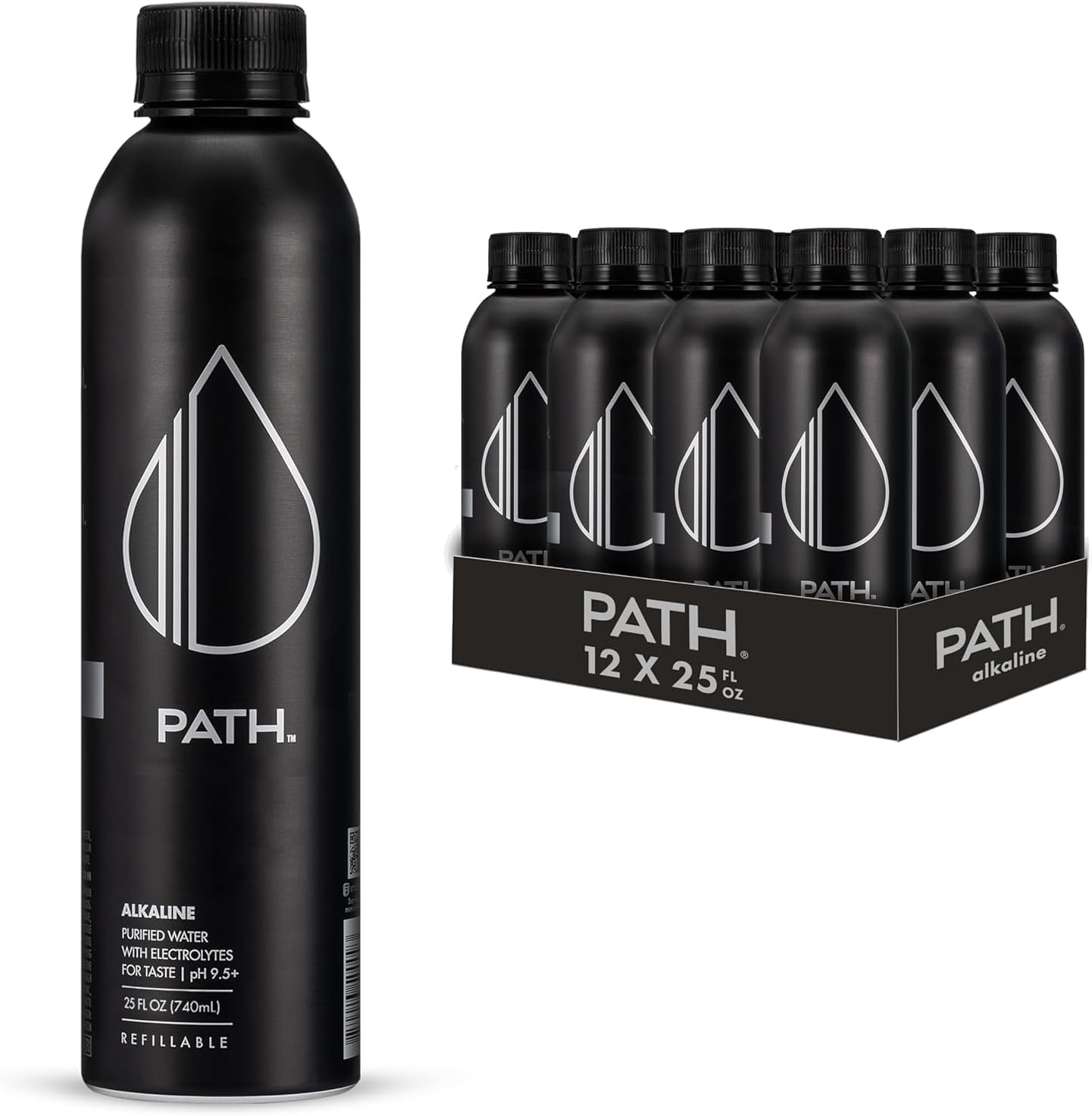 PATH Alkaline Bottled Water - 9.5 pH-Balanced Purified Water with Electrolytes in Aluminum Bottle - BPA-Free, Reusable, Infinitely Recyclable - Pure, Crisp, Refreshing Taste 20.3 fl oz (Pack of 12)