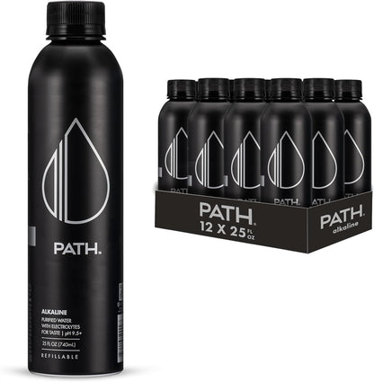 PATH Alkaline Bottled Water - 9.5 pH-Balanced Purified Water with Electrolytes in Aluminum Bottle - BPA-Free, Reusable, Infinitely Recyclable - Pure, Crisp, Refreshing Taste 20.3 fl oz (Pack of 12)