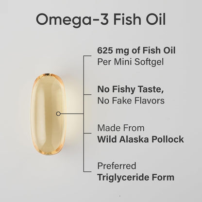 Sports Research Fish Oil Mini-Softgels - Easy to Swallow Omega-3 Fatty Acids from Wild Caught Alaska Pollock - 625mg, 120 Softgels