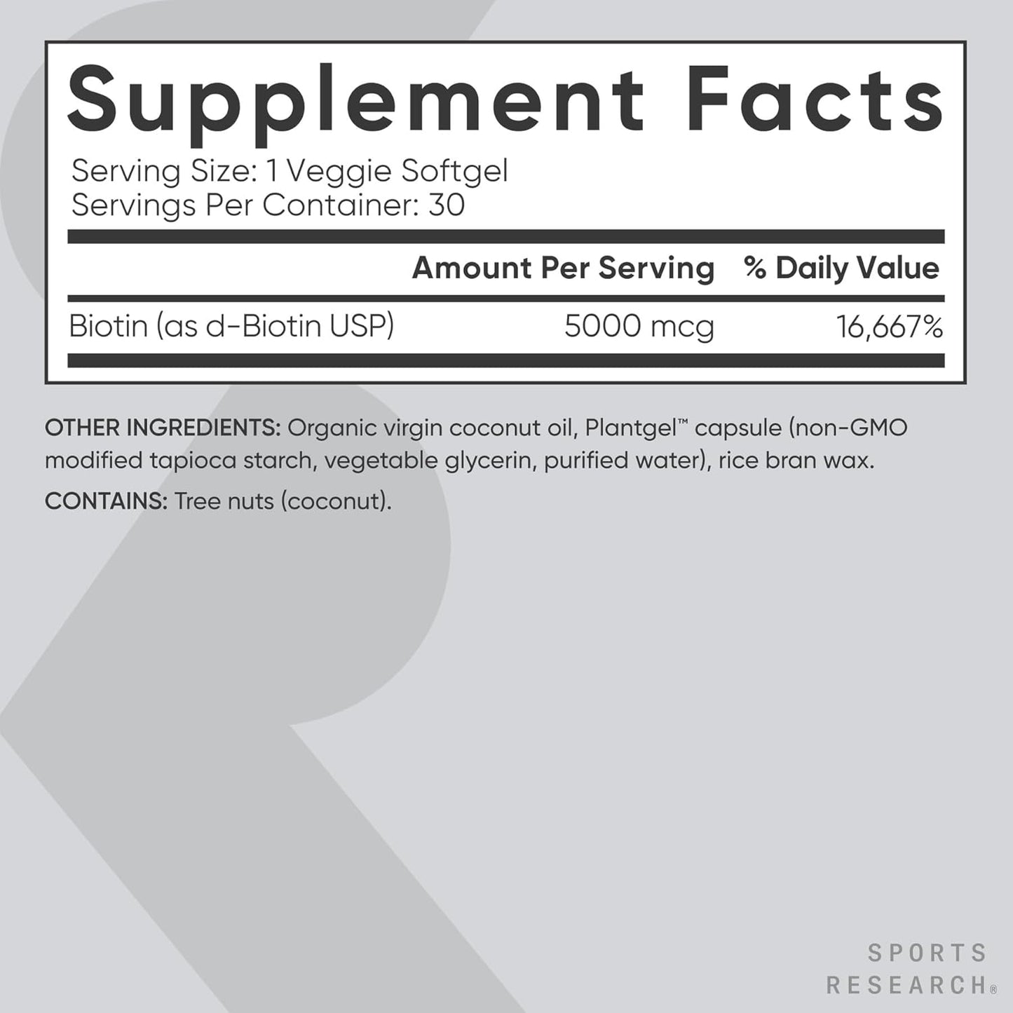 Sports Research® Biotin 5,000mcg with Organic Coconut Oil - Biotin (Vitamin B7) for Healthy Skin and Hair Support* - for Women and Men - Vegan, Non-GMO, Gluten & Soy-Free - 30 Veggie Softgels