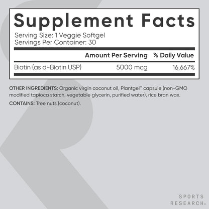 Sports Research® Biotin 5,000mcg with Organic Coconut Oil - Biotin (Vitamin B7) for Healthy Skin and Hair Support* - for Women and Men - Vegan, Non-GMO, Gluten & Soy-Free - 30 Veggie Softgels