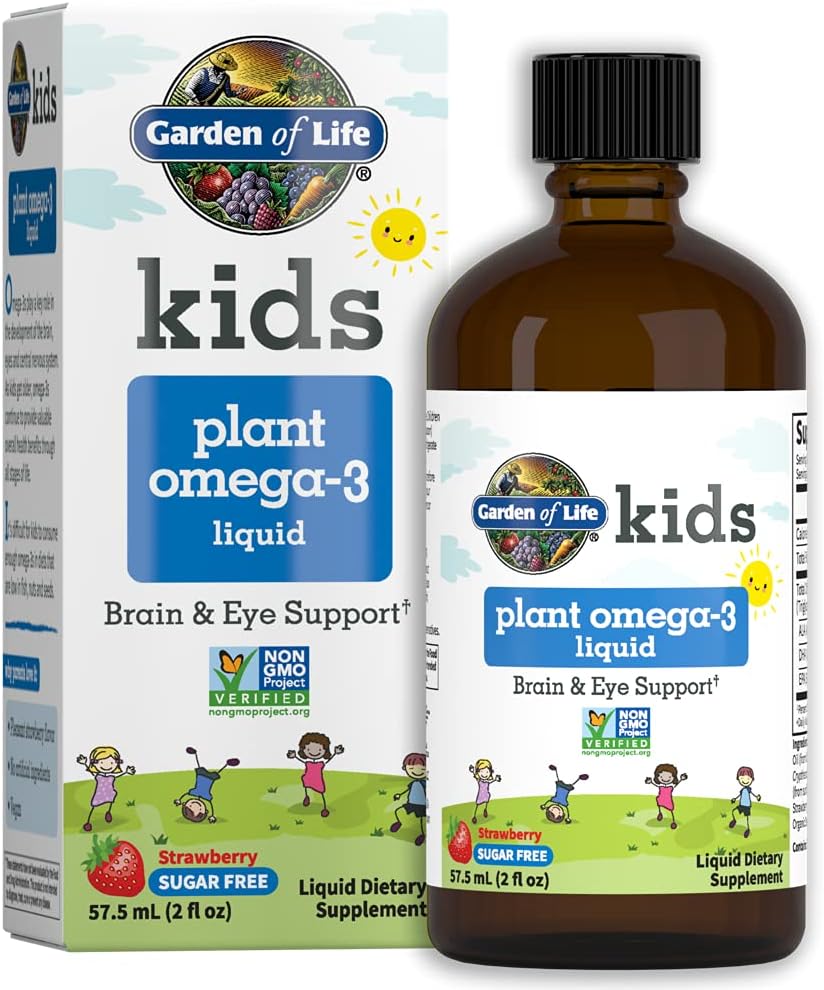Garden of Life Kids Plant Omega-3 Liquid, Strawberry - Vegan Brain & Eye Support for Kids, Plant-Based Children's Omega 3 ALA, DHA & EPA Supplement for Children, Sugar Free & Non-GMO - 2 fl oz Liquid