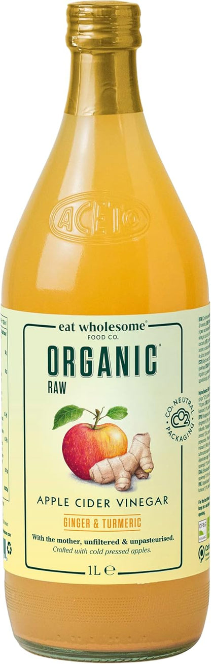 Eat Wholesome Organic Ginger, Turmeric and Chilli Raw Apple Fire Cider Vinegar with The Mother, Glass Bottle in Box, 1L