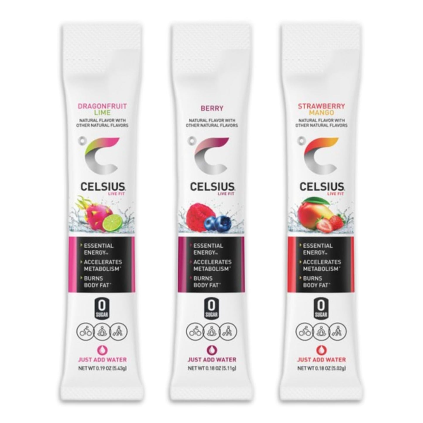 Celsius Essential Energy Zero Sugar Powdered Drink Mix, Variety Pack, 60 Packets - (2) 30-ct Boxes, Dragonfruit Lime, Berry, Strawberry Mango, with Galley Grove Sugar-Free Breath Mints