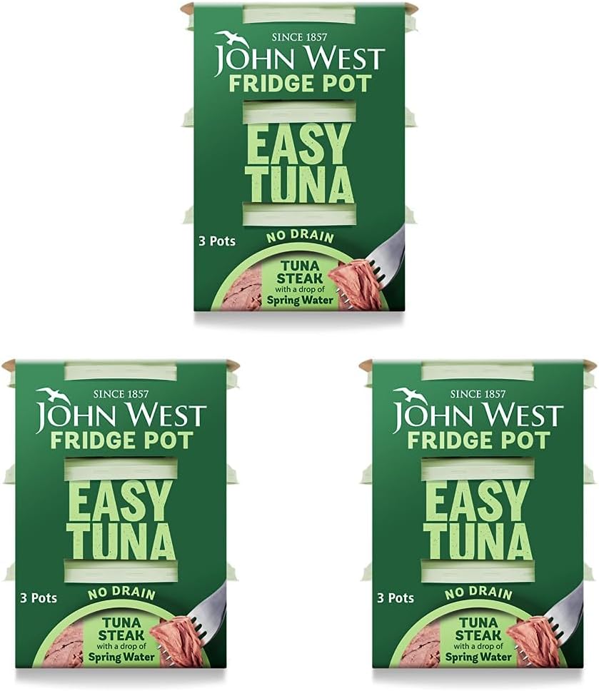 John West No Drain Fridge Pot Tuna Steak with a Little Sunflower Oil 3 X 110 g. Natural high in Protein