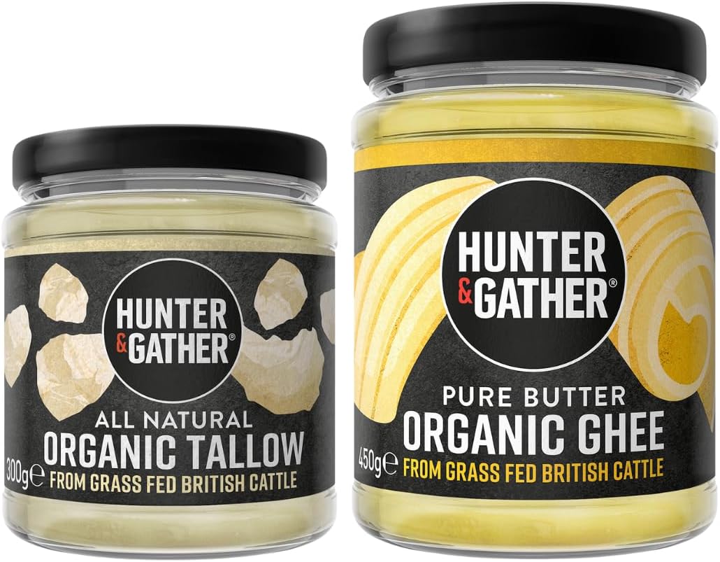 Hunter & Gather Organic Beef Tallow from Grass Fed British Cows 300g | Gluten Free, Seed Oil Free | Keto, Low Carb, Paleo I Ancestrally Inspired Nutrition I Simply 1 Ingredient I Glass Jar