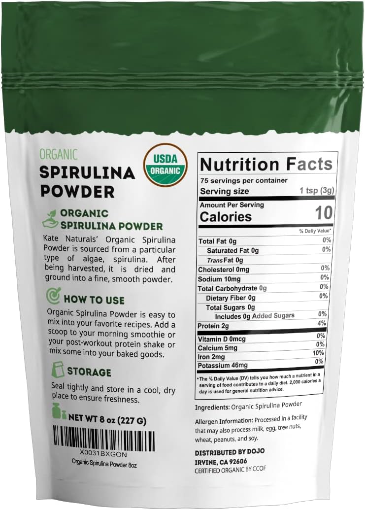 Kate Naturals Organic Spirulina Powder for Immune Support and Antioxidants. Nutrient Dense Superfood Supplement (8 oz, USDA Certified, Non-GMO, Gluten- Free)